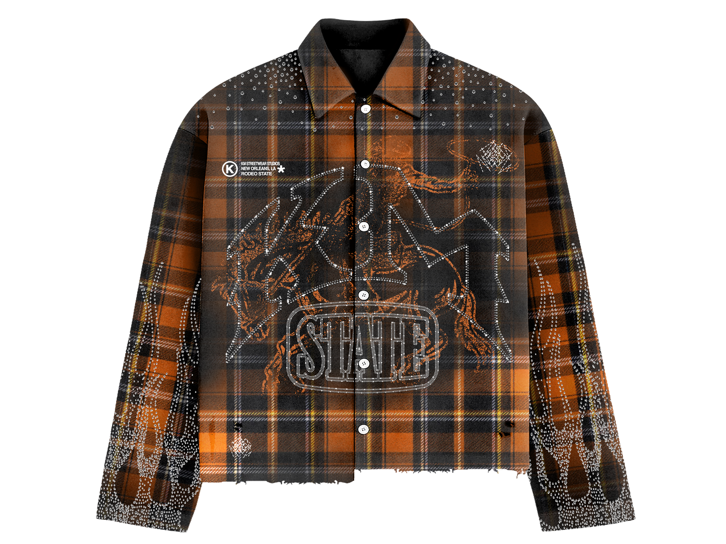 Orange Rhinestone Rodeo State Flannel Shirt